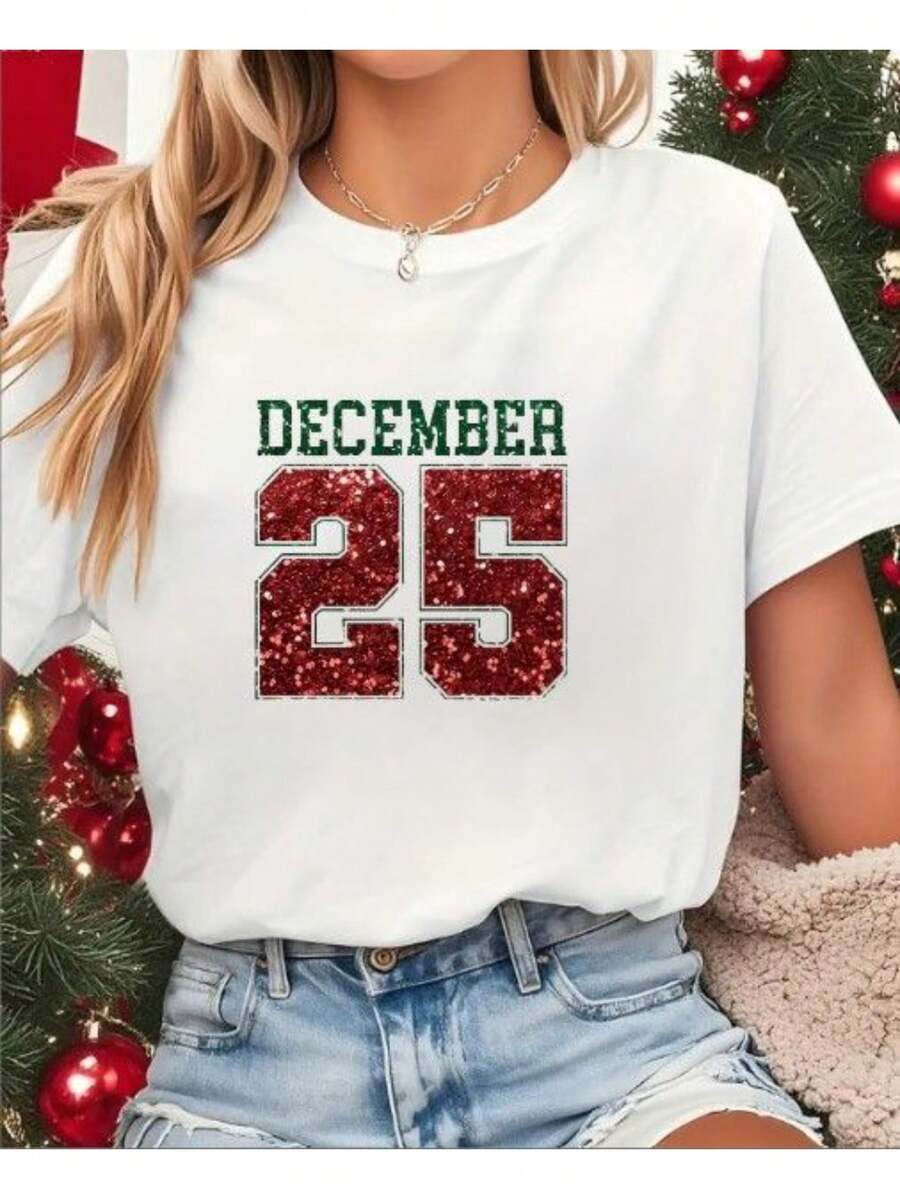 Mujer Camiseta Casual Navideña Poliéster Color Liso Estampado December 25 Brillo Corte Regular Cuello Redondo Manga Corta Verano Invierno Fiesta Diario Camiseta - Blanco - Ver 1