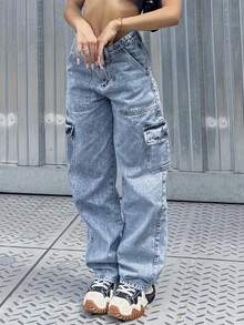 Minimalist American Style Slimming Cargo Jeans - Light Wash - View 2