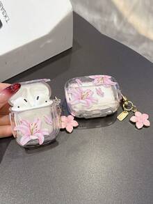 透明蝴蝶百合花图案保护套，兼容苹果 Pro 2无线蓝牙耳机，柔软简约设计，男女皆宜。 - 粉色 - 查看 5