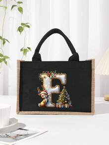 Men's Casual Tote Bag, Large Capacity Shopping Bag, Linen Beach Tote Bag Christmas Theme 26 Letter Print Commuter Tote Bag Yellow Linen Tote Bag, Shopping Bag With Gold Letter And Flower Print, Large Capacity Reusable Shopping Bag Laptop Bag Christmas Bags