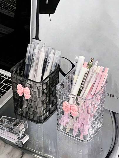 1PC Transparent Desktop Organizer Box With Decorative Pink Bowknot, Pen Holder & Storage Case, Ideal For Back-To-School Supplies, Office, Dormitory, Makeup, Skincare & Desk Essentials