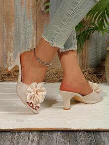 Elegant Fashion Women's High Heel Shoes, Cute Floral Fabric Applique Party Heels - Màu be - Xem 5