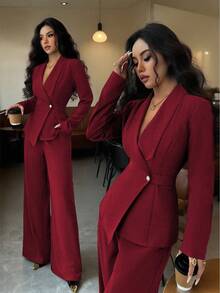 Women's Elegant Lapel V-Neck Long Sleeve Unique Design Waist Belt Buttoned High-End Blazer Jacket And Straight Wide-Leg Pants Two Pieces Suit, Suitable For Work Commute In Autumn - Màu Đỏ Sâu - Xem 7