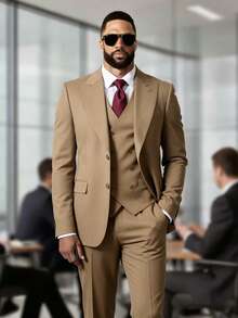 Men's Classic Business Suit 3-Piece Set With Peak Lapel Tuxedo | Formal Blazer, Vest & Dress Pants For Wedding, Prom, Office - 棕色 - 查看 2