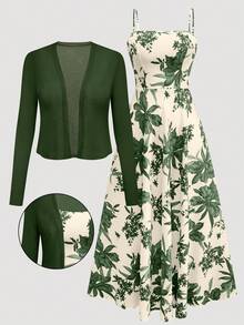 Women's Sleeveless Plaid Print Waist Flare Dress With Knit Cardigan, Bohemian Print Outfit For Date - Army Green - View 7