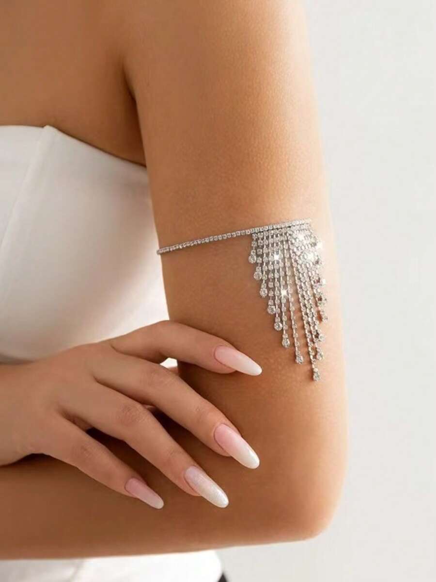 1 chiếc vòng tay tua rua đính đá Rhinestone, Phụ kiện thời trang dành cho nữ, Thích hợp cho tiệc tối - Bạc - Xem 1