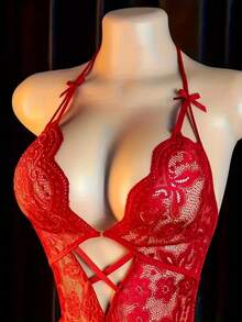Women's Sexy One-Piece Butterfly Lace Panties, Backless Bodysuit, Crotchless Tight Skirt That Doesn't Need To Be Removed - Đỏ - Xem 3