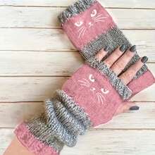 Cat-Shaped Embroidery Contrasting Color Retro Warm Fashion Finger-Exposing Thickened Ladies' Casual Gloves