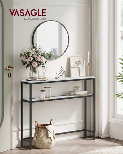 Console Table For Hallway, 2-Tier Slim Sofa Table, 20 X 80 X 80 Cm, Hallway Table With 2 Shelves, For Living Room, Bedroom, Marble White And Ink Black