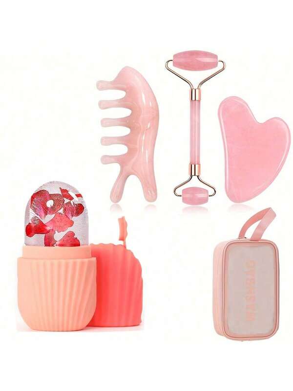 5-teiliges Gesichtsschaben- und Massageset: Inklusive Eisroller, Eiswürfelform, Schabevorrichtung, delfin-förmiger Kamm und Aufbewahrungstasche. Wird zum Massieren von Gesicht, Augen, Nase und Kopf verwendet, um die Durchblutung anzuregen.