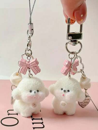 1 pièce Pendentif de téléphone portable mignon en peluche floquée d'ours, fourrure douce floquée, nœud en forme de cœur et yeux expressifs, rose clair et blanc, convient pour sac à main, sac à dos, pendentif de clé de voiture, cadeau pour fille, pendentif de téléphone portable, faveur de fête, cadeau d'anniversaire, de fête, de Noël, du Nouvel An, de la Saint-Valentin, d'anniversaire, de pendaison de crémaillère, de baptême, cadeau idéal pour les amateurs d'animaux