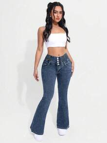 Quần jeans nữ ống loe dáng ôm, co giãn, cài một hàng cúc, thích hợp mặc mùa xuân. - Màu xanh hải quân - Xem 5