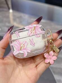 透明蝴蝶百合花图案保护套，兼容苹果 Pro 2无线蓝牙耳机，柔软简约设计，男女皆宜。 - 粉色 - 查看 1