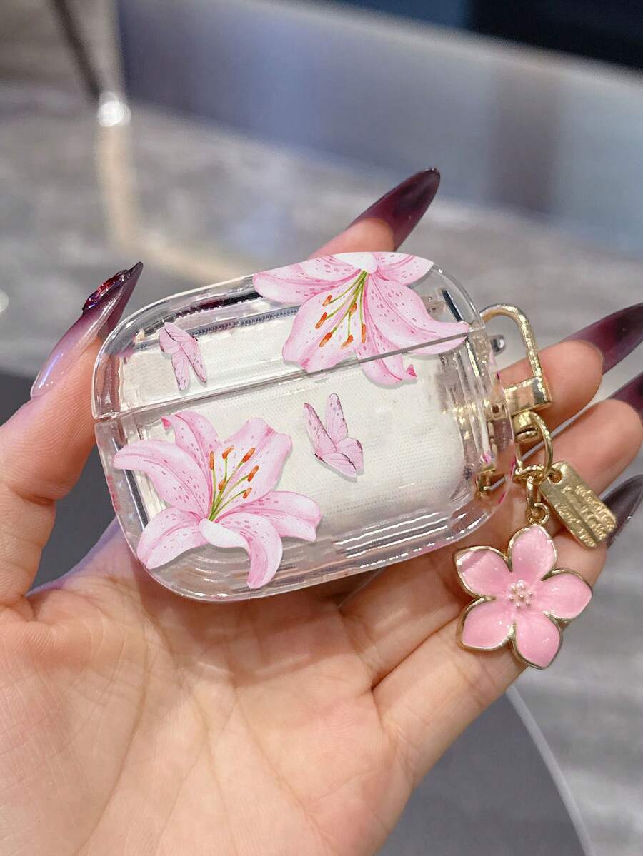 透明蝴蝶百合花图案保护套，兼容苹果 Pro 2无线蓝牙耳机，柔软简约设计，男女皆宜。 - 粉色 - 查看 1