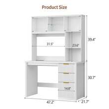 HWB Computer Desk With 3 Drawers & Hutch, Executive Office Desk With Power Outlets & LED Reading Light, White Desk With Storage Shelves For Home Office Work And Study - View 2