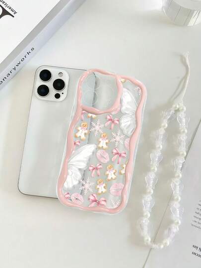 Kremowe, teksturowane, faliste brzegi, błyszczące, piernikowe ludziki, motyle, malowane na Boże Narodzenie, etui na telefon odporne na upadki, kompatyz iPhone XR/7/8, 17/17 Pro/17 Pro Max/17 Air, 16/16 Pro/16 Plus/16 Pro Max, 15 Pro Max, 13, 14, Galaxy S24, Galaxy S24+