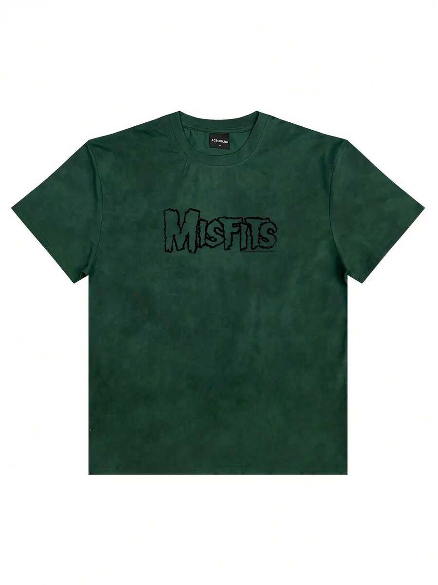 Misfits Horror Punk Style Red Marbled Tie-Dye Acid-Washed Short Sleeve Crew Neck T-Shirt - Bold Black Stylized Lettering Print, Casual Summer Cotton Tee For Fans- Fall Graphic T-Shirt Women's Halloween Animal Print Casual T-Shirt For Fall Outfit - Màu xanh lá cây đậm - Xem 1