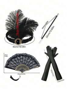1/4 Pcs 1920s Women Flapper Costume Accessories Set Great Gatsby Party Handheld Foldable Lace Floral Fan Feather Headband Long Glove Halloween Decorations Gift Opera Party With Artificial Feather Headband Prom,Party Gifts, New Year, Thanksgiving, Christmas Gifts, Easter Gifts - Multicolor - View 3