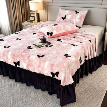 人気の秋冬新作軽くて贅沢な増粘暖かいミルクベルベットヒョウ柄ベッドスカートレースベッドスカートシングルベッド3点セット