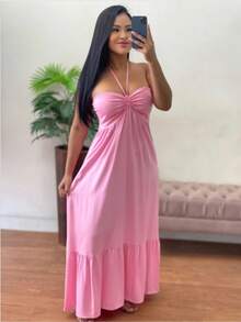 Women's Long, Flowy Strapless Dress With Tie Detail - 淺粉色 - 查看 3