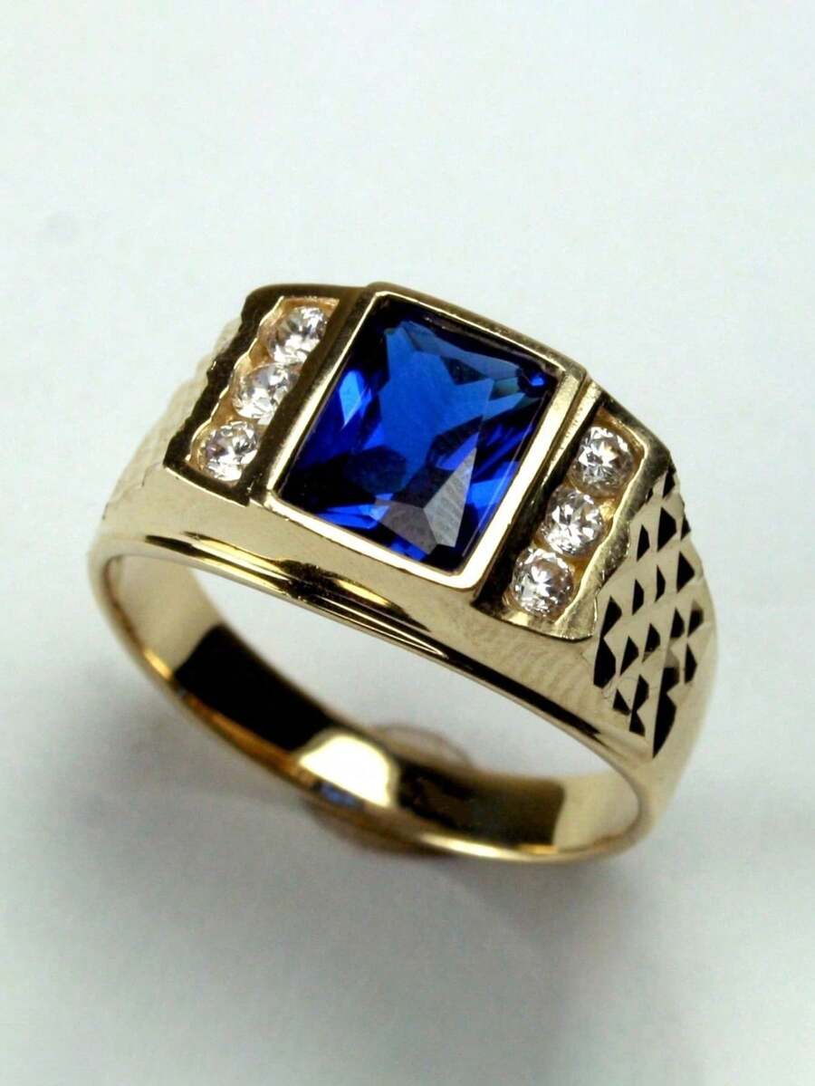 1枚男士时尚奢华个性化方形蓝色戒指,婚礼订婚派对珠宝礼物 - 金色 - 查看 1