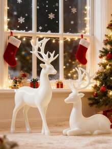 2 pezzi Set di decorazioni natalizie con renne bianche - Eleganti statuette di renne in resina per decorazioni da tavolo e mensole, decorazioni natalizie stagionali con dettagli lavorati in modo raffinato, statue di renne con finitura dorata elegante come regali natalizi must-have, accessori per interni festivi per creare un'atmosfera calda e affascinante per feste di Natale, decorazioni per soggiorno e camera da letto