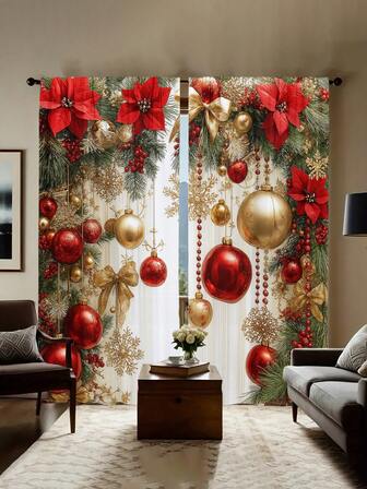 1套2件，现代艺术圣诞节，圣诞树，圣诞老人，圣诞雪花，装饰性客厅窗帘，半遮光窗帘，半透明窗帘，卧室窗帘，客厅窗帘，家居装饰窗帘