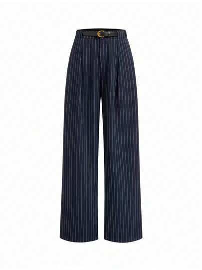 Mid-Waist Solid Color Elegant Straight-Leg Pants With Belt