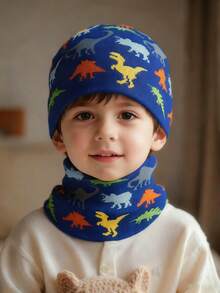 1 set Berretto a maglia con dinosauro unisex per bambini - Berretto termico foderato con motivo a dinosauro e scaldarcollo abbinato per avventure all'aperto, giochi invernali, attività scolastiche - 1 set - Visualizzare 4