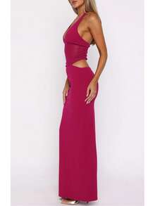 1 pièce Robe élégante et sexy en maille transparente de couleur unie avec découpe en V pour femmes, idéale pour les soirées, les sorties, les anniversaires, les séances photo et les représentations, printemps/été - Rose vif - Voir 8