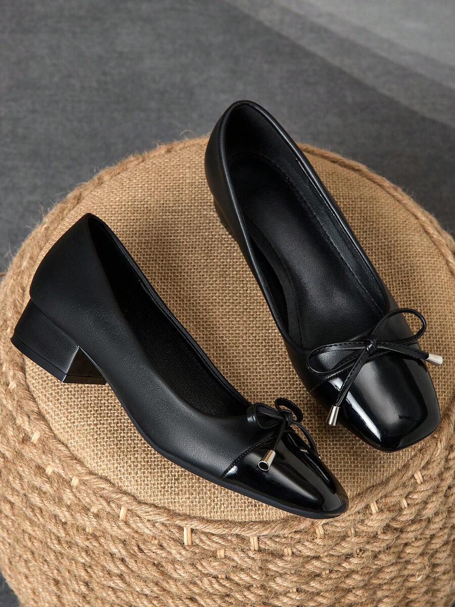 MonaNise Women's Square Toe 3cm Heel Pumps, Suitable For Work, Commute, Dinner Party, Vintage Bow Accent, Navy Blue, Fashionable Casual Slip-On Shoes - màu đen - Xem 1