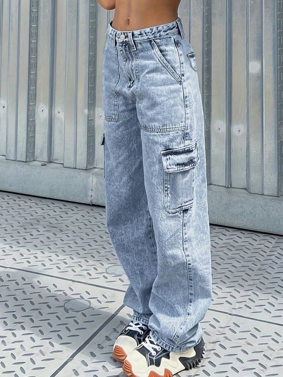 Minimalist American Style Slimming Cargo Jeans - Light Wash - View 1