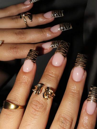 Upgrade Your Look With Y2K Style! Transform Your Nails With 24pcs Medium Square Shape Press-On Fake Gel Nails And Cool Style: Flashy Gold Glitter French Nail Design With Black Zebra Pattern Luxurious Fashion Y2K Style: Black Leopard Print French Nails With Gold Glitter And Wide Tips Full Coverage Fake Nail Tips For Women And Girls Includes 1sheet Adhesive Tabs & 1pc Mini Files Strip Jelly Gel Random Shipment