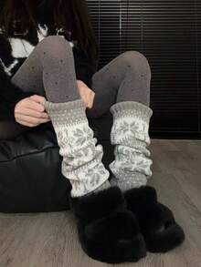 1双秋冬季卡其色/红色/灰色/黑色保暖雪花复古费尔岛针织过膝长筒袜，舒适保暖 - 彩色 - 查看 5