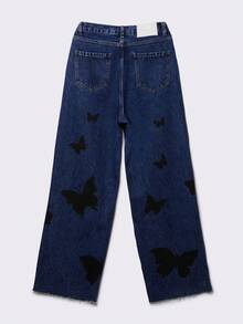 Women's Butterfly Print Straight Leg Jeans - Raw Hem Ankle Denim Pants With 5-Pocket Design For Feminine Streetwear Style (Comfortable Cropped Fit) ﻿ - Dark Wash - View 7