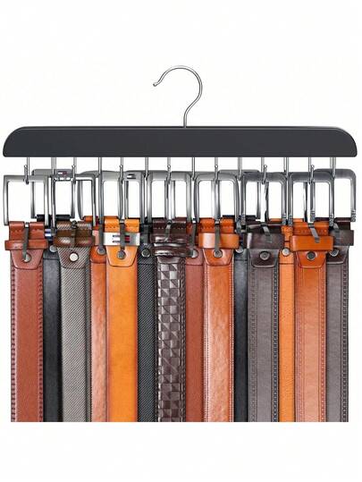 Belt Hanger For Closet Max 42 Belts, Sturdy Wood Belt Rack Closet Accessories With 14 Hooks Belt Organizer For Closet Organizers And Storage -Black 1 Pack