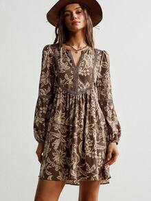 Rusttydustty 大码条纹蕾丝V领休闲长袖咖啡色连衣裙，适合波西米亚风海滩装扮、音乐节和热带度假，优雅春季之选 - 棕色 - 查看 8