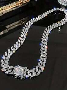 2 piezas Conjunto de collar y pulsera de alta calidad de estilo hip hop, collar de eslabón cubano brillante y pulsera, joyería hip hop con diamantes, diseño de lujo adecuado para hombres y mujeres, accesorios para el cuello y la muñeca, diamantes brillantes - multicolor - Ver 16