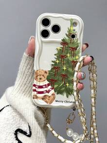 Christmas Tree Toy Bear Pattern Liquid Silicone Mobile Phone Case Full-Body Protection Shockproof Anti-Fall TPU Soft Rubber Case Paired With White Faux Leather Pearl Lanyard Compatible With IPhone, Compatible With Samsung Galaxy