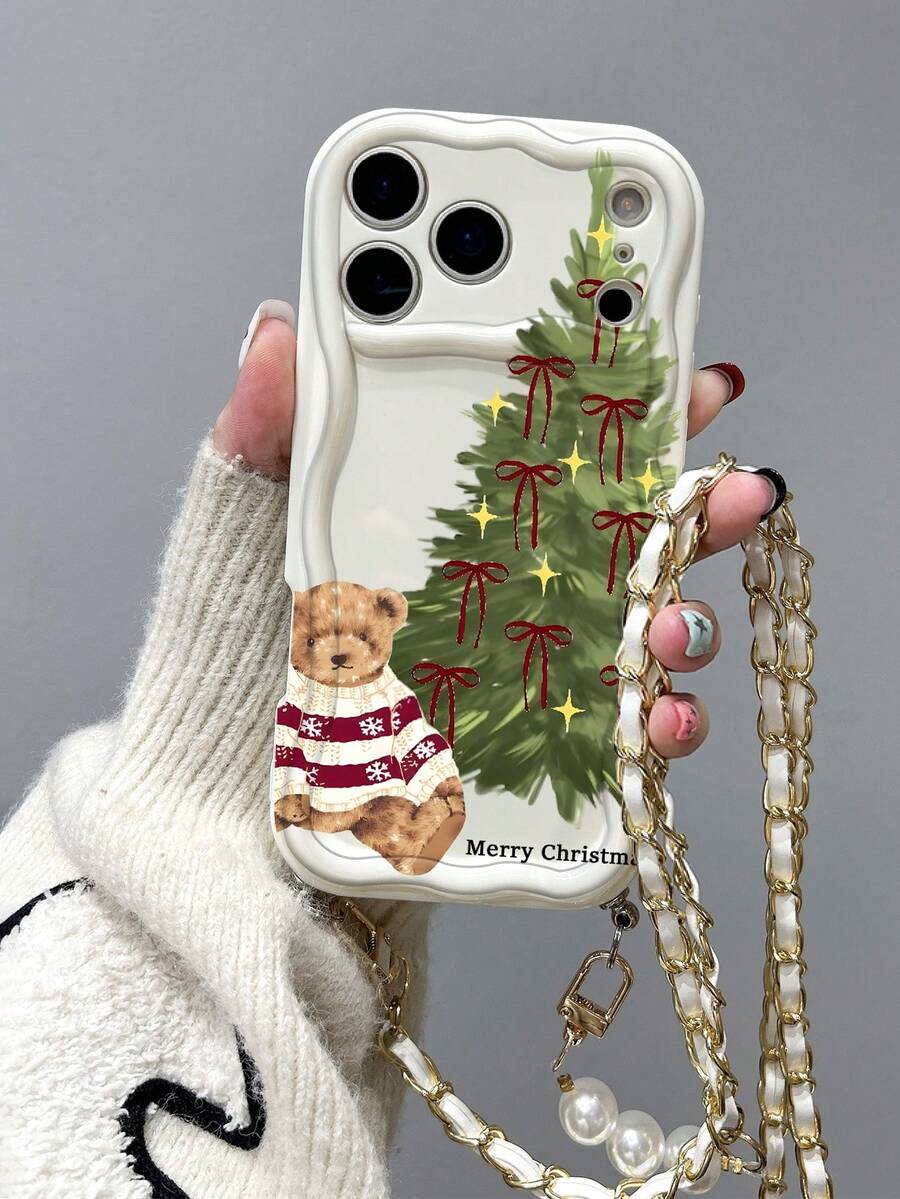 Christmas Tree Toy Bear Pattern Liquid Silicone Mobile Phone Case Full-Body Protection Shockproof Anti-Fall TPU Soft Rubber Case Paired With White Faux Leather Pearl Lanyard Compatible With IPhone, Compatible With Samsung Galaxy