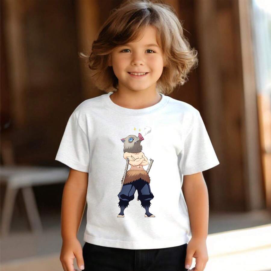 Camiseta Infantil Inosuke Hashibira anime caçadores de demônios série jovem camisa algodão - Branco - Visão 1