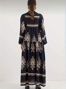 全新时尚女式几何印花宽松优雅长袍 - 藏蓝色 - 查看 2