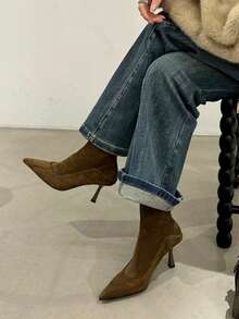 2025秋冬新款欧美尖头高跟踝靴，修身拼接踝靴，复古棕色踝靴，猫跟 - 橄欖綠 - 查看 2