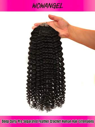 WOWANGEL 14-24 tum djupa vågor, virkade äkta hårförlängningar med fjädrar, tätt lockigt, förseparerat, knutfritt, med flätöglor, 40 g/styck, virkade äkta hårförlängningar för kvinnor