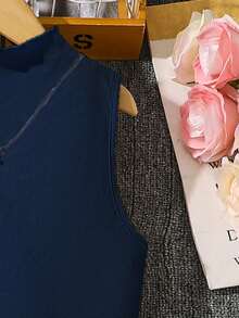 Left Mama 女童优雅立领无袖百褶连衣裙，夏季 - 藏蓝色 - 查看 4