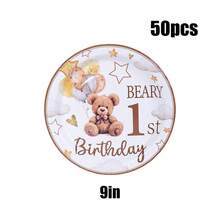 10/20/40/50pcs Set, Bear Pattern Baby Shower Paper Plates, 7 Inch And 9 Inch, Thick Disposable Brown Bear Gender Reveal Party Decorations, Suitable For 1st Birthday Party, Gender Reveal Party, Autumn Wedding, Holiday Birthday Party Supplies - Multicolor - View 10