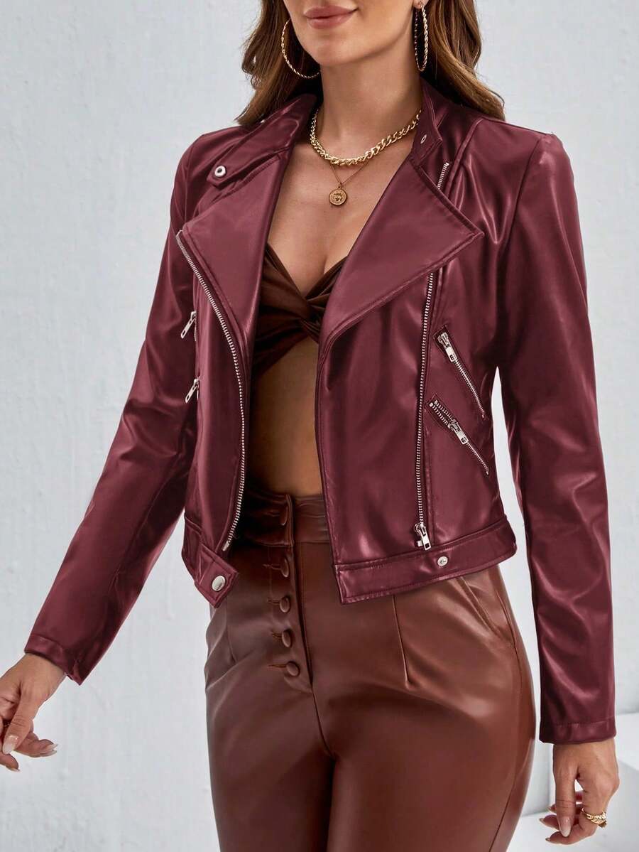 Chaqueta de motociclista de cuero PU con cremallera de moda para mujer - Burdeos - Ver 1