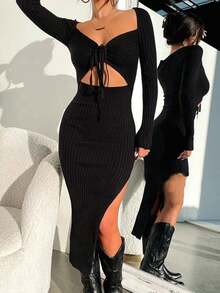 Women's Ribbed Knit Dress Long Sleeve Solid Color Bodycon Mini Dress For Party Club Dating - màu đen - Xem 6