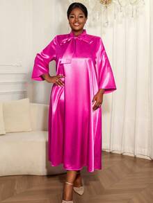 Plus Size Satin Maxi Dress For Women With Tie Neck And Kimono Sleeves Elegant Long A-Line Dress With Bow - 玫紅色 - 查看 4