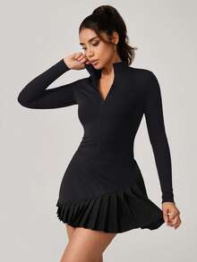 NcmRyu 1pc Women Zip-Up Mock Neck Bodysuit With Pleated Skirt & Shorts Lining, Activewear Romper - màu đen - Xem 9